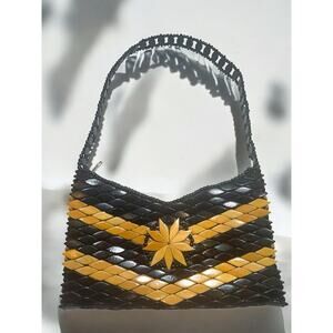 Vintage Wooden Beaded Purse Black Yellow Diamond Design Retro Boho Festival Bag